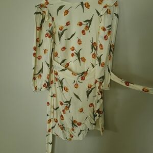 Floral Wrap Dress in Cream with Red and Green Tulips